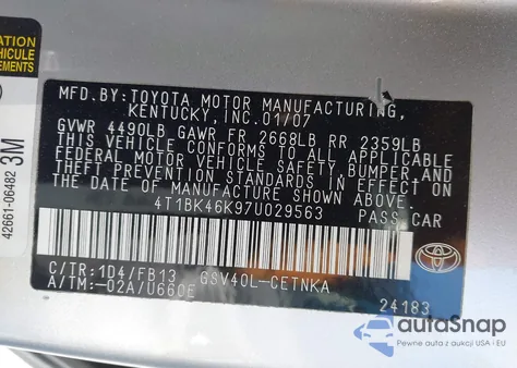 2007 Toyota Camry Le V6 from USA, damaged, VIN 4T1BK46K97U029563
